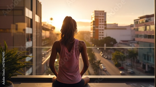 Slim woman practicing yoga on the balcony of her condo. Asian woman doing exercises in morning. balance, meditation, relaxation, calm, good health, happy, relax, healthy lifestyle concept