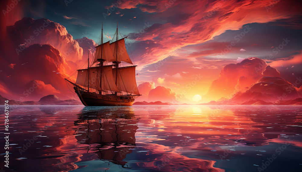 Sailing ship sails on sunset water, nature old fashioned adventure generated by AI - obrazy, fototapety, plakaty 
