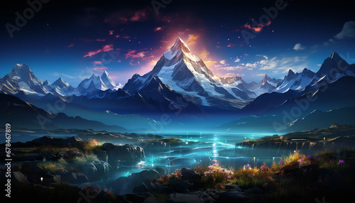 Majestic mountain peak reflects sunset, nature beauty in panoramic illustration generated by AI © Stockgiu