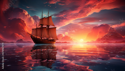 Sailing ship sails on sunset water, nature old fashioned adventure generated by AI