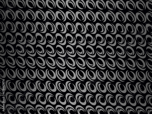 Black metal texture steel background with unique ornament. Abstract metal sheet.