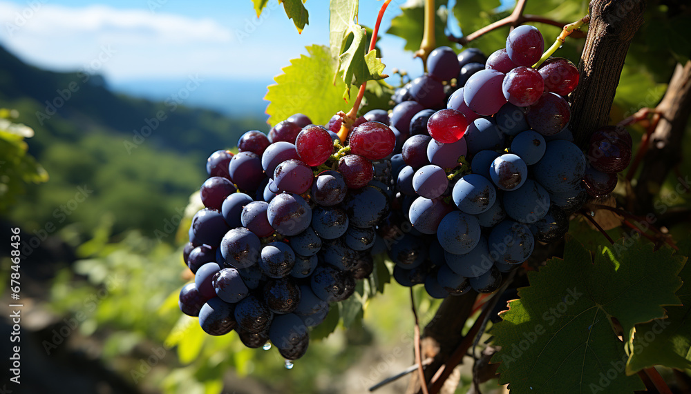 Naklejka premium Fresh, ripe grapes in a vineyard, nature sweet refreshment generated by AI
