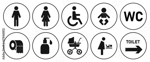 Toilet signs set. Black icons, white background. Male Female Restroom, Handicap wheelchair access. Baby changing room. Cart, toilet paper roll, sanitizer liquid soap, WC direction icon sign vector. 