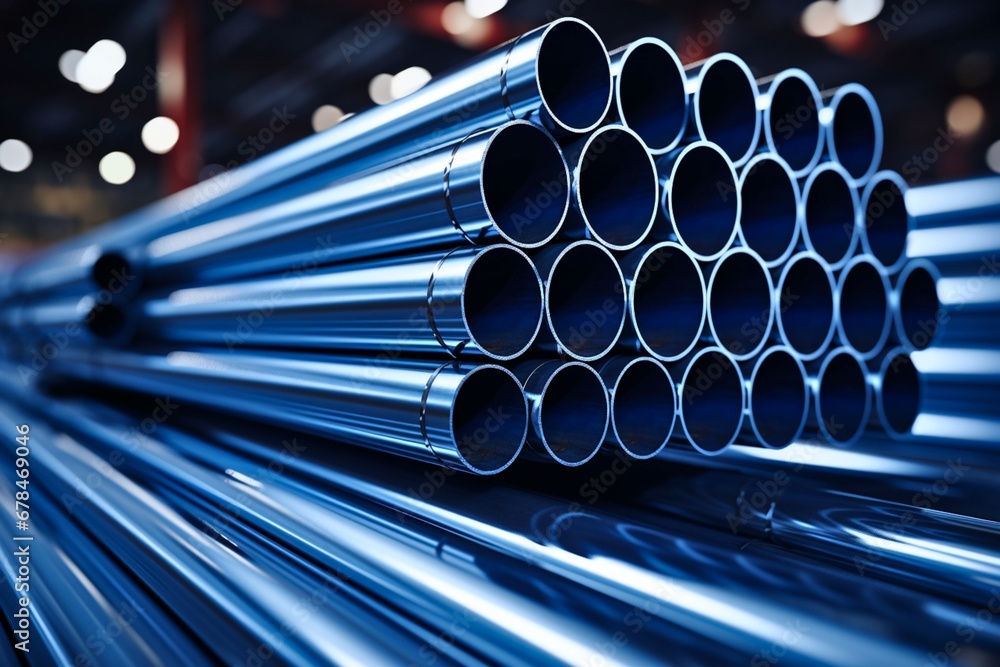 Steel pipes stacked together  In a factory or warehouse, steel structure production industry, blurred background, steel production factory - obrazy, fototapety, plakaty 