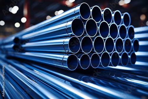 Stampa su tela Steel pipes stacked together  In a factory or warehouse, steel structure product