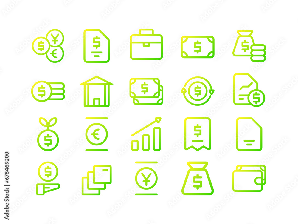 Currency Icon Pack Gradient Outline Style. Navigation Icons Collection Perfect for Websites, Landing Pages, Mobile Apps, and Presentations. Suitable for User Interface or User Experience UI UX.