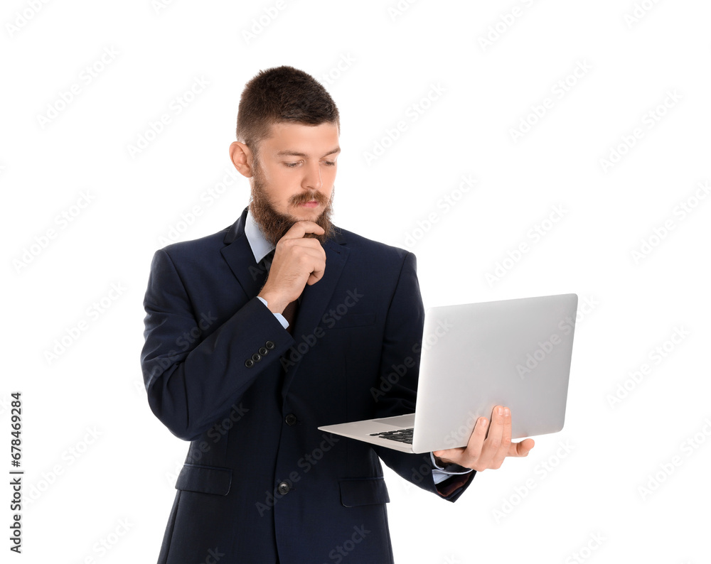 Handsome businessman with laptop isolated on white background Handsome businessman with laptop isolated on white background