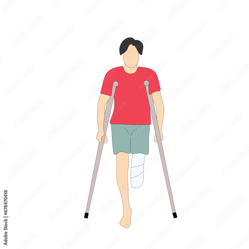 Smiling one-legged man or boy with amputated legs standing or walking with crutches. Happy male cartoon character with physical disability or impairment. Smiling one-legged man or boy with amputated legs standing or walking with crutches. Happy male cartoon character with physical disability or impairment.
