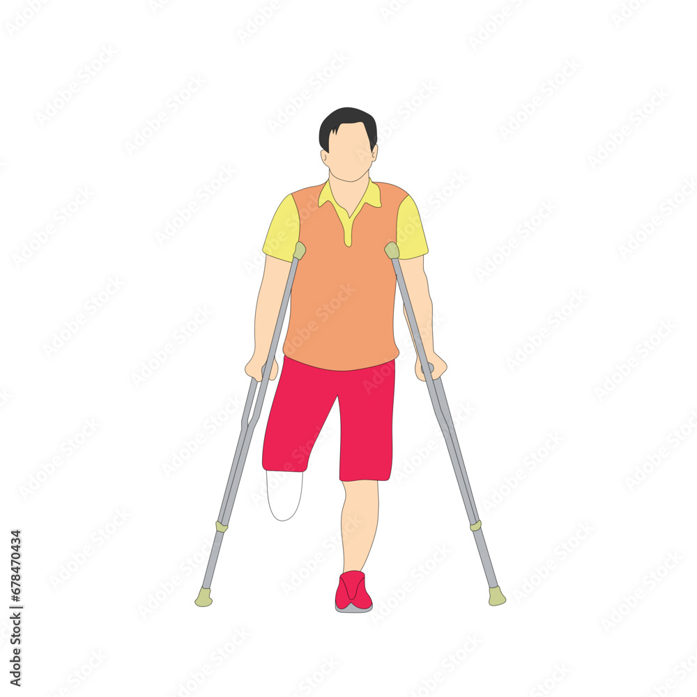 Smiling one-legged man or boy with amputated legs standing or walking with crutches. Happy male cartoon character with physical disability or impairment.