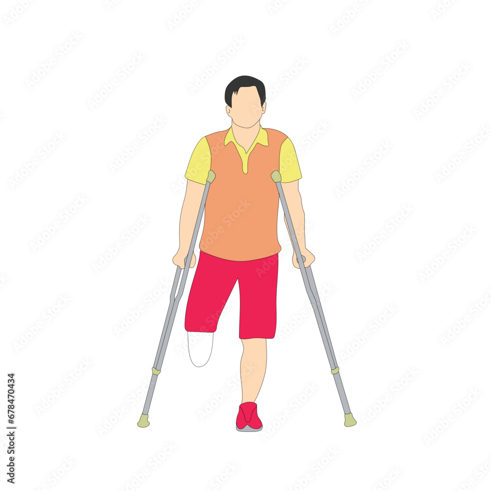 Smiling one-legged man or boy with amputated legs standing or walking with crutches. Happy male cartoon character with physical disability or impairment. Smiling one-legged man or boy with amputated legs standing or walking with crutches. Happy male cartoon character with physical disability or impairment.