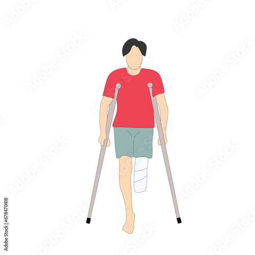 Smiling one-legged man or boy with amputated legs standing or walking with crutches. Happy male cartoon character with physical disability or impairment.