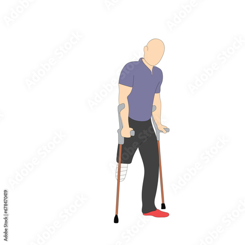 Smiling one-legged man or boy with amputated legs standing or walking with crutches. Happy male cartoon character with physical disability or impairment.