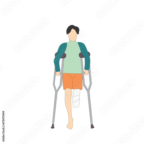 Smiling one-legged man or boy with amputated legs standing or walking with crutches. Happy male cartoon character with physical disability or impairment.