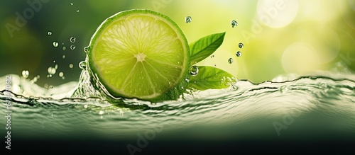 Lime in glass with green leaf background and water