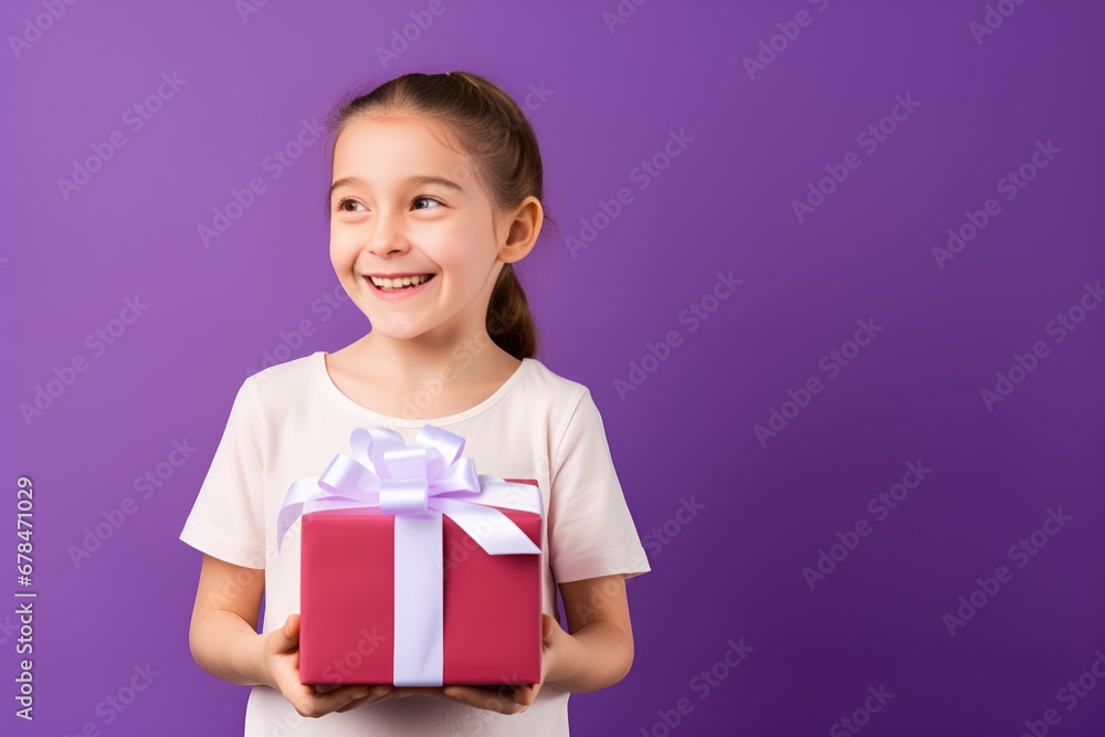 Happy Young Fictional Child Holding a Colorful Wrapped Present. Christmas Present or Birthday Gift, Smiling Kid, Isolated on a Plain Purple Background. Generative AI. Happy Young Fictional Child Holding a Colorful Wrapped Present. Christmas Present or Birthday Gift, Smiling Kid, Isolated on a Plain Purple Background. Generative AI.
