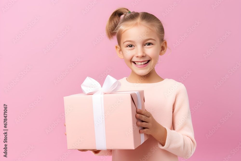 Happy Young Fictional Child Holding a Colorful Wrapped Present. Christmas Present or Birthday Gift, Smiling Kid, Isolated on a Plain Pink Background. Generative AI. Happy Young Fictional Child Holding a Colorful Wrapped Present. Christmas Present or Birthday Gift, Smiling Kid, Isolated on a Plain Pink Background. Generative AI.
