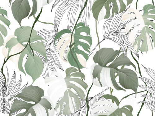 Foliage seamless pattern, Monstera Albo leaves and palm leaves on white