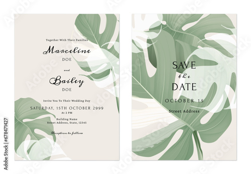 Brown greenery Monstera leaves wedding invitation