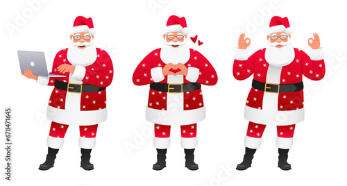 Set of three happy Santa Claus. An old Santa with glasses and a laptop, shows the OK gesture, lovingly folded his palms in the shape of a heart.