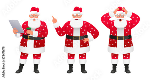 Cute gray-haired Santa Claus in a red hat is standing with a tablet and a glass of coffee, pointing at something, clutching his head in panic. © chekart