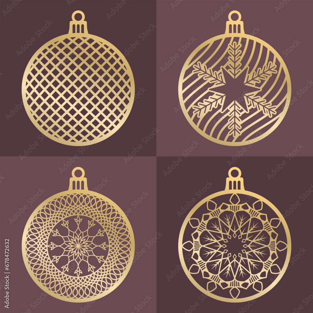 Set of festive Christmas balls. Template for laser cutting, plotter cutting or printing on paper. Wood carving, plywood. Vector image. Set of festive Christmas balls. Template for laser cutting, plotter cutting or printing on paper. Wood carving, plywood. Vector image.