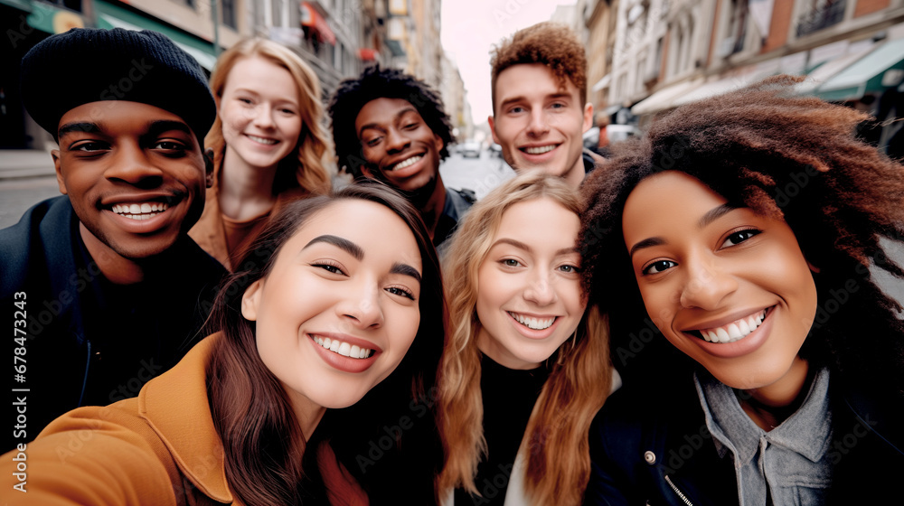 Fototapeta premium MULTIETHNIC HAPPY GROUP OF YOUNG PEOPLE TAKING SELFIE. legal AI 