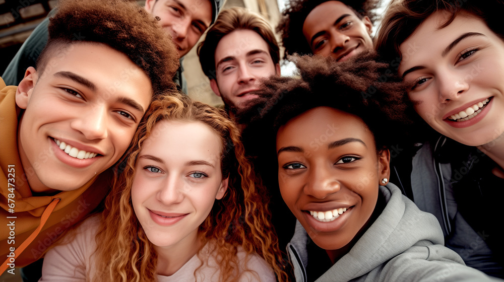 Obraz premium MULTIETHNIC HAPPY GROUP OF YOUNG PEOPLE TAKING SELFIE. legal AI 