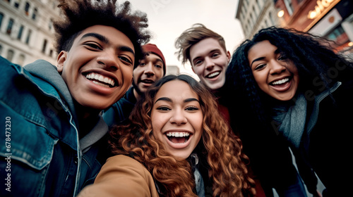 MULTIETHNIC HAPPY GROUP OF YOUNG PEOPLE TAKING SELFIE. legal AI 