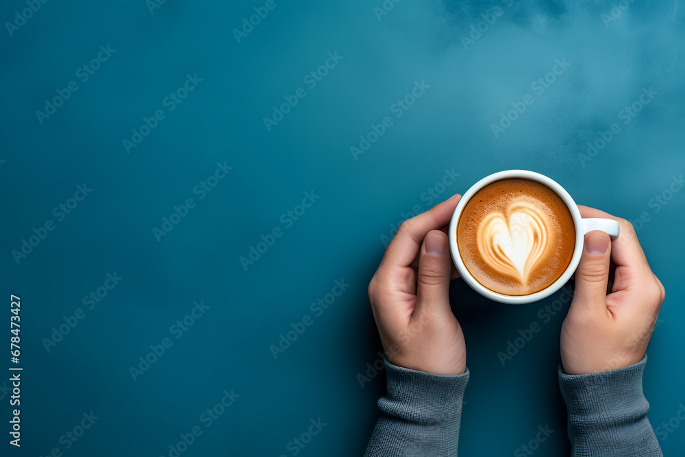 Flat lay of masculine Hands holding a hot cup of coffee with a heart shaped milk foam decoration on top on a blue background with space for text.  - obrazy, fototapety, plakaty 