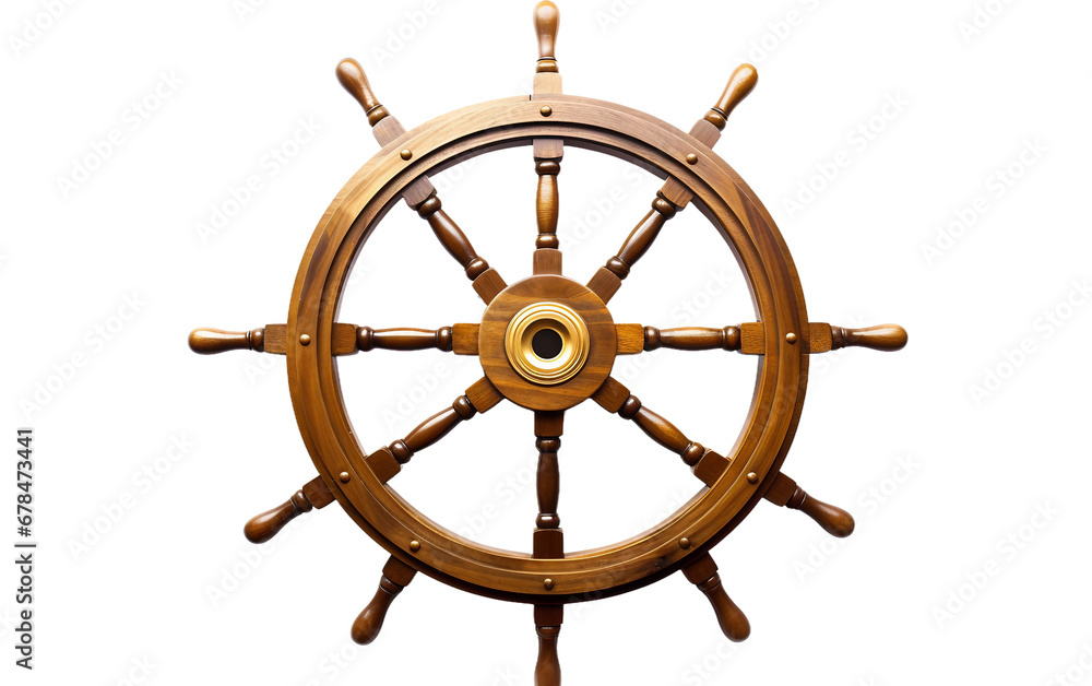 Stunning Shiny Brown Ships Wheel with Wooden Spokes and Brass Isolated on Transparent Background PNG.