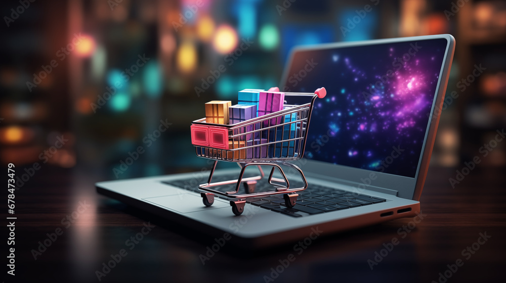 ecommerce online shopping cart on laptop  - obrazy, fototapety, plakaty 