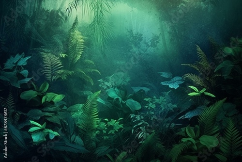 Background with lush foliage  mysterious atmosphere. Generative AI