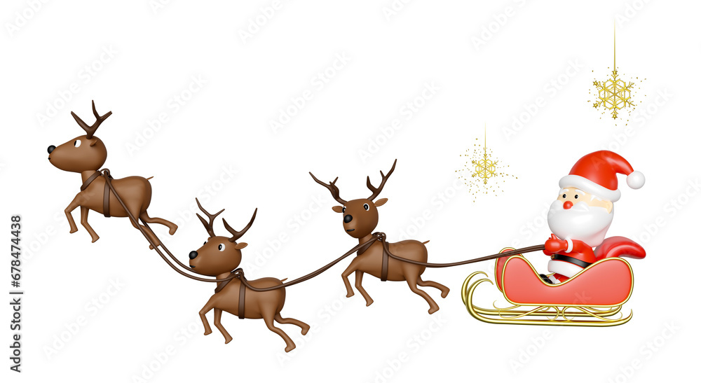 Fototapeta premium 3d reindeer with Santa Claus, sleigh, gift box, snowflake. merry christmas and happy new year, 3d render illustration