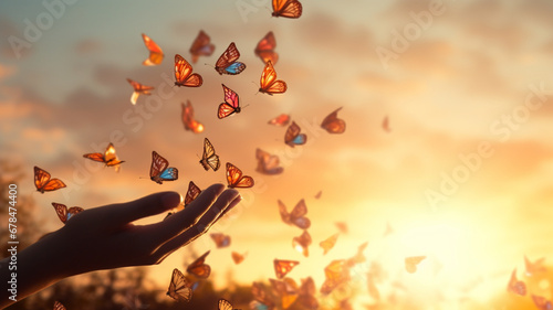 butterflies flying in the air over the hand