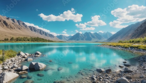 Idyllic mountain lake reflection, tranquil outdoors escape, nature exploration 