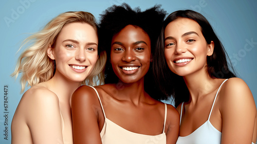 MULTIRACIAL GROUP CLOSE TOGETHERNESS GIRLFRIENDS POSING IN STUDIO. legal AI