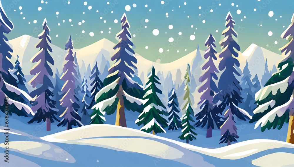 Cute winter repeating landscape. Winter snowfall in the forest woods. Christmas night landscape