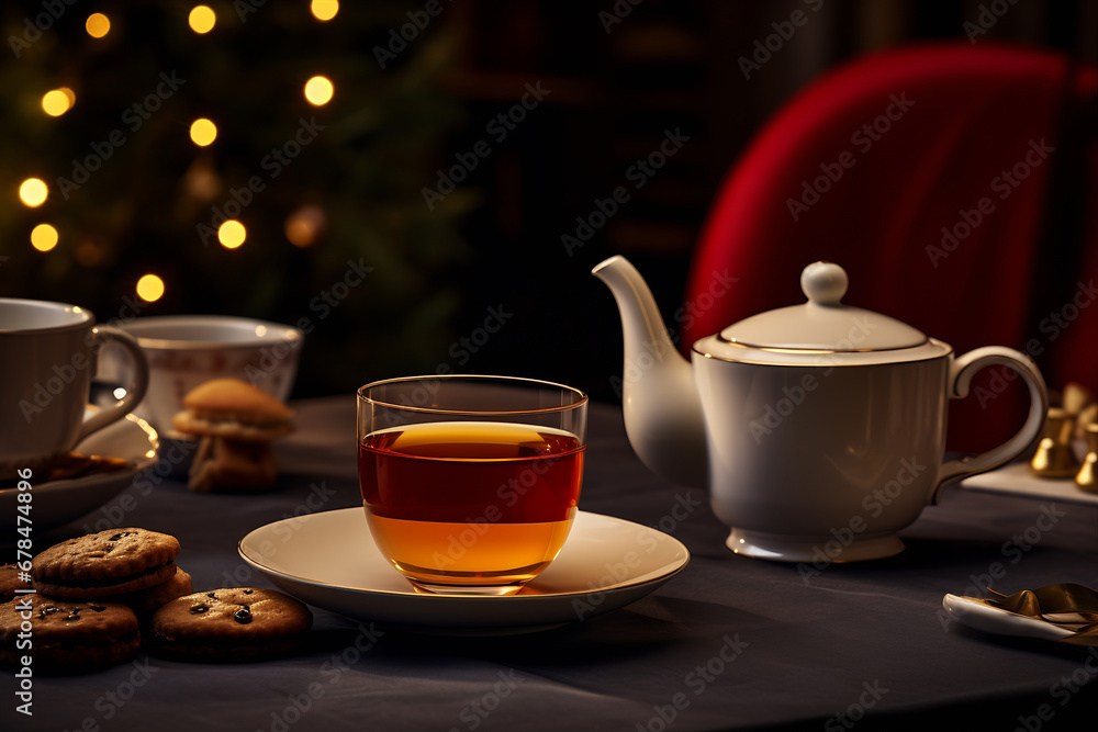 Cup of tea with cookies and teapot on Christmas table. AI Generative
