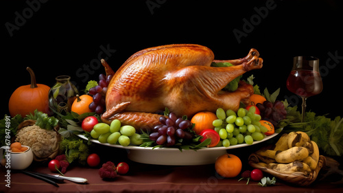 Thanksgiving dinner table with roasted turkey, fruits and vegetables on a black background. AI Generative