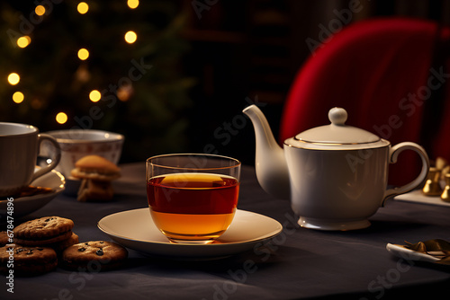 Cup of tea with cookies and teapot on Christmas table. AI Generative