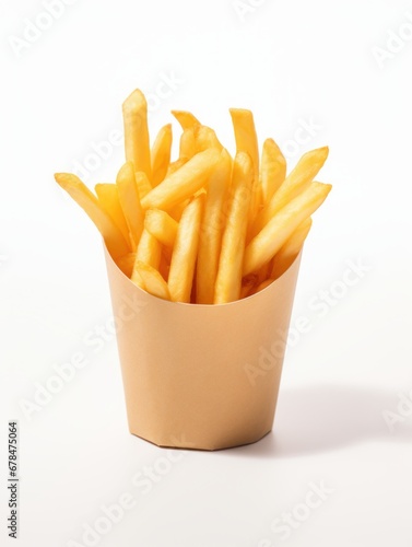 French fries in a paper bag on white background isolated AI
