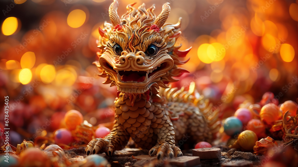 card for Chinese New Year with golden dragon. Generative AI