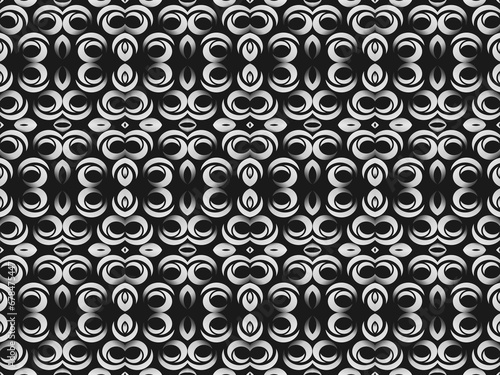 Black metal texture steel background with unique ornament. Abstract metal sheet.