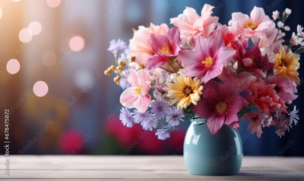 A Beautiful Blue Vase Overflowing With Vibrant Pink and Yellow Blooms. A blue vase filled with pink and yellow flowers A Beautiful Blue Vase Overflowing With Vibrant Pink and Yellow Blooms. A blue vase filled with pink and yellow flowers