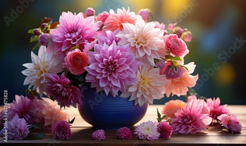 A Beautiful Blue Vase Overflowing With Delicate Pink and White Blooms. A blue vase filled with pink and white flowers