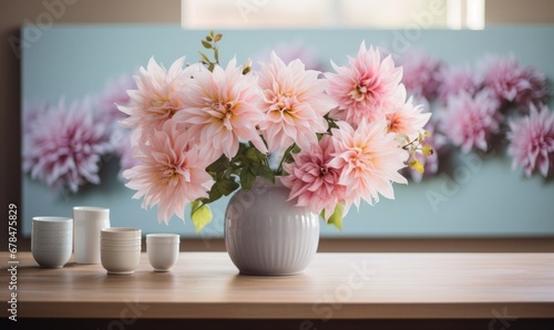 Elegant Beauty: A White Vase Filled With Delicate Pink Flowers on a Table. A white vase filled with pink flowers on top of a table