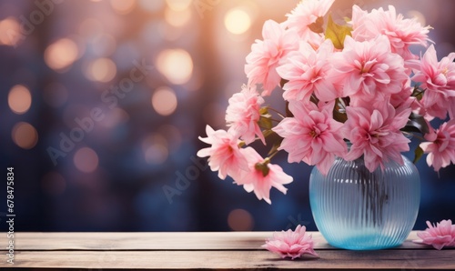 A Serene Arrangement of Pink Flowers in a Rustic Wooden Vase. A vase filled with pink flowers on top of a wooden table