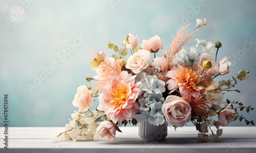 A Colorful Bouquet Blooming in a Ceramic Vase on a Wooden Table. A vase filled with lots of flowers on top of a table photo