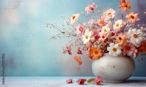 A Beautiful Bouquet: White Vase Overflowing with Abundance of Pink and White Blossoms. A white vase filled with lots of pink and white flowers photo