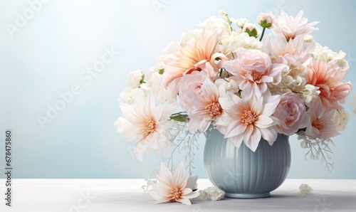 A Beautiful Blue Vase Overflowing with Delicate Pink and White Blooms. A blue vase filled with pink and white flowers © AI Visual Vault